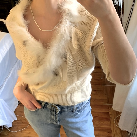 Bonnie and Bill Cream Angora Sweater Detachable Marabou Feather Collar Small VTG - Picture 5 of 16
